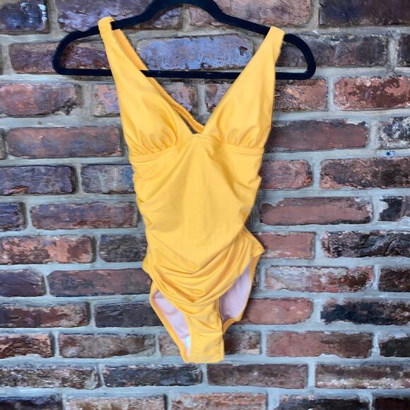 New J. Crew Marigold Yellow Scrunchie Strap Plunge One-Piece Swim Bathing Suit 0 - Picture 1 of 8